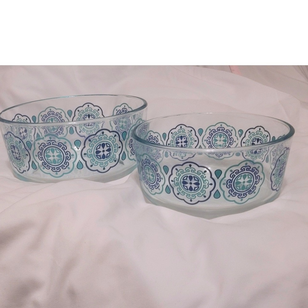 Vintage Pyrex Glass Storage Bowls Set 2 Teal Blue Mandala Medallion Clear Glass